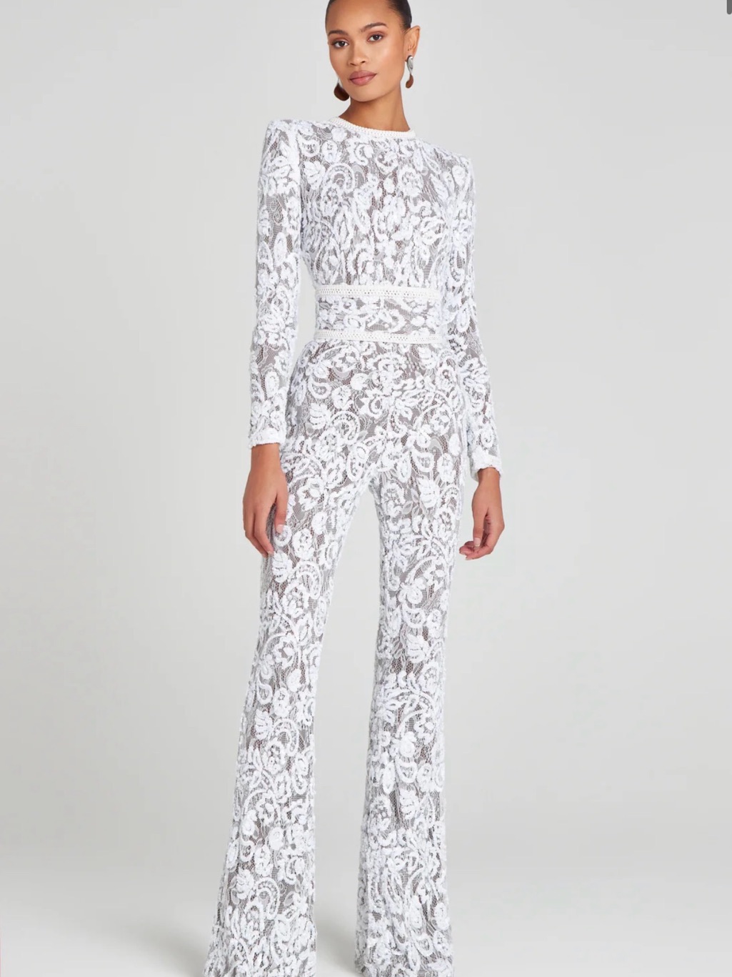 Nadine Merabi White Lace Long-Sleeve Sheath Gown